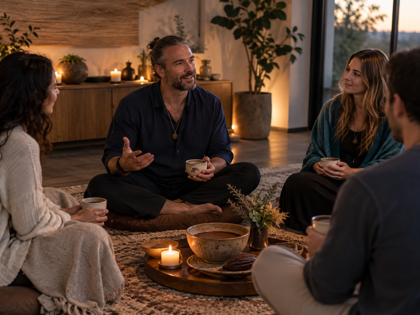 A male facilitator leading a welcoming small-group cacao ceremony