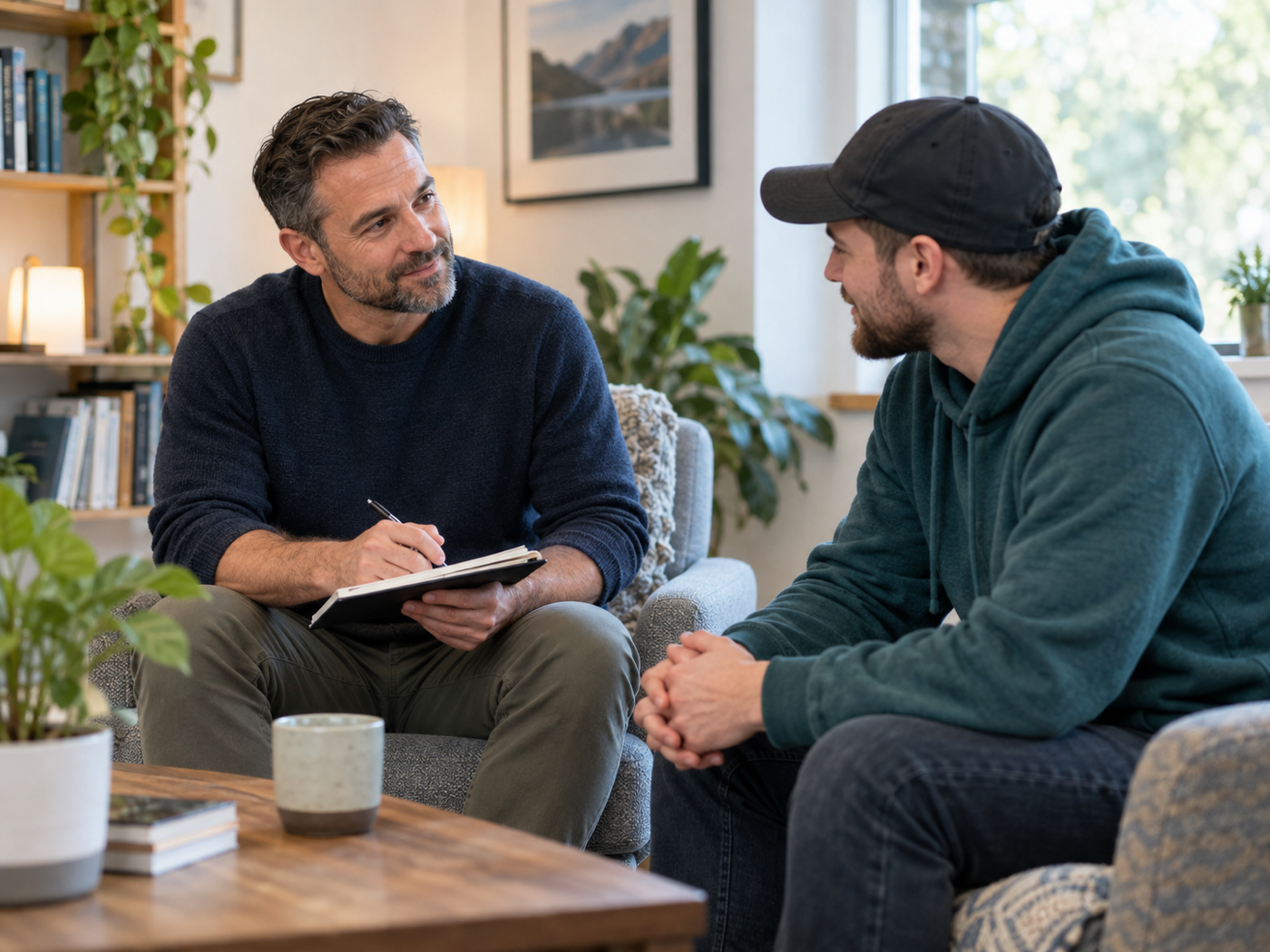 A male recovery mentor offering warm, practical support in a relaxed setting